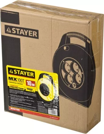 Удлинитель на катушке &quot;MX100T&quot;, 10 м, 4 гнезда, ПВС 2x0,75 кв мм, 1300 Вт, STAYER 55071-10 купить в Ноябрьске