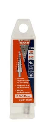 Сверло для металла ступенчатое 3-12мм 10 ступ шаг 1 ход 5 VMX 511630 купить в Ноябрьске
