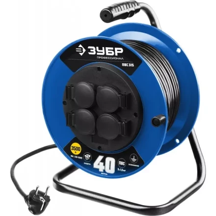 Удлинитель на катушке &quot;ПВС 315&quot;, 40 м, 3500 Вт, 4 гнезда, IP44, ПВС 3х1,5 кв мм, ЗУБР 55081-40 купить в Ноябрьске