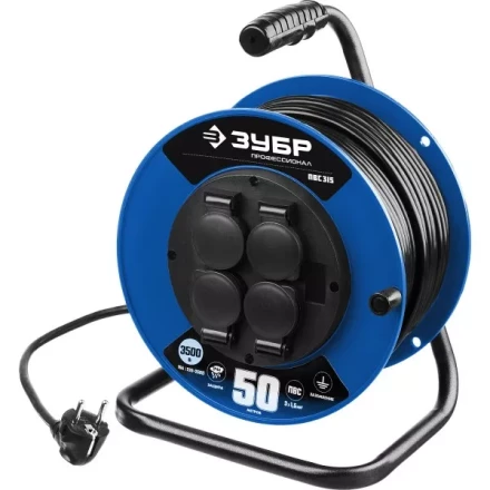 Удлинитель на катушке &quot;ПВС 315&quot;, 50 м, 3500 Вт, 4 гнезда, IP44, ПВС 3х1,5 кв мм, ЗУБР 55081-50 купить в Ноябрьске