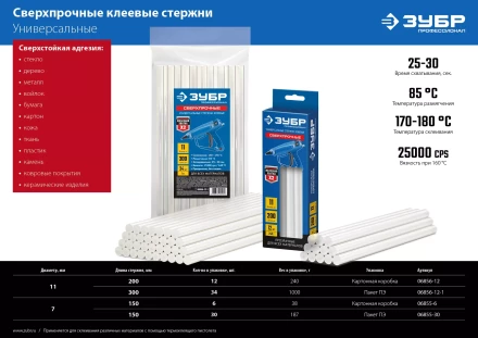 ЗУБР 11 х 200 мм, 12 шт, сверхпрочные прозрачные клеевые стержни, Профессионал (06856-12) купить в Ноябрьске
