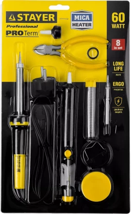 Набор STAYER &quot;PROFI&quot; для паяльных работ, паяльник 55300 + подставка + припой + жало сменное + шприц + насадка на жало + канифоль + кусачки, 60 Вт 55314-60-H8 купить в Ноябрьске