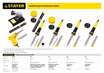 Набор для паяльных работ STAYER &quot;PROFI&quot; PROTerm, 55312-40-H5, паяльник 55300 + подставка + припой + жало сменное + канифоль, 40 Вт 55312-40-H5 купить в Ноябрьске