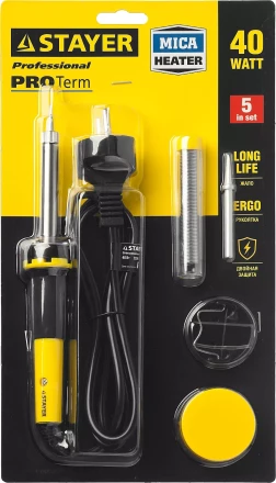 Набор для паяльных работ STAYER &quot;PROFI&quot; PROTerm, 55312-40-H5, паяльник 55300 + подставка + припой + жало сменное + канифоль, 40 Вт 55312-40-H5 купить в Ноябрьске