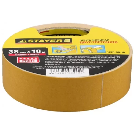 Двухсторонняя клейкая лента на полипропиленовой основе, STAYER 1221-38-10, 38мм х 10м 1221-38-10 купить в Ноябрьске