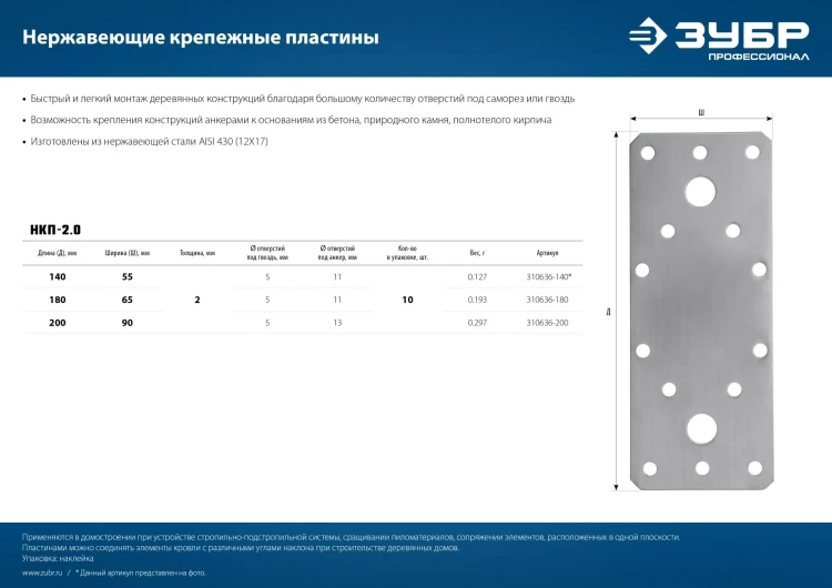 ЗУБР НКП-2.0, 200 x 90 x 2 мм, нержавеющая крепежная пластина, Профессионал (310636-200) купить в Ноябрьске
