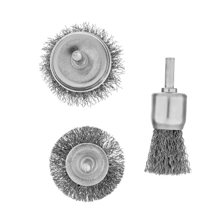 Набор щеток для дрели, 1 Плоская 50мм, 2 Чашки 25-50мм, шпилька, нерж. вит. проволока Denzel 74491 купить в Ноябрьске