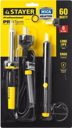 Набор для паяльных работ STAYER &quot;PROFI&quot; PROTerm, 55313-60-H6, паяльник 55300 + подставка + припой + жало сменное + шприц + насадка на жало, 60 Вт 55313-60-H6 купить в Ноябрьске