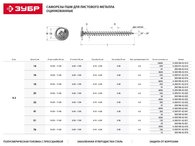Саморезы ЗУБР с прессшайбой по листовому металлу до 0,9мм, PH2, 4,2х51мм, ТФ1, 120шт 4-300191-42-051 купить в Ноябрьске