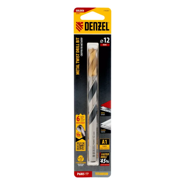Сверло спиральное по металлу Denzel 12 x 151мм, Р6М5, Golden Tip, многогранная заточка, 718287 купить в Ноябрьске