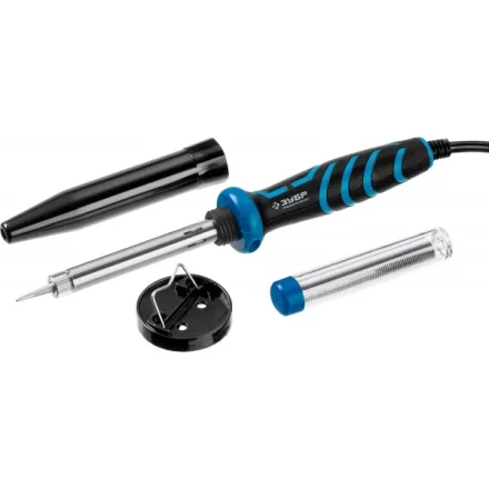 Паяльник ЗУБР &quot;ПРОФЕССИОНАЛ&quot; с двухкомпонентной рукояткой и защитным колпачком в наборе с припоем и подставкой, 40Вт, конус 55402-40_z01 купить в Ноябрьске