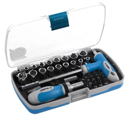 Набор ЗУБР Отвертка &quot;ЭКСПЕРТ&quot; реверс. с насадками, 2-хкомп. ручка, битодерж. с Т-образ. ручкой, в пласт.боксе, 38пред. 25289-H38 купить в Ноябрьске