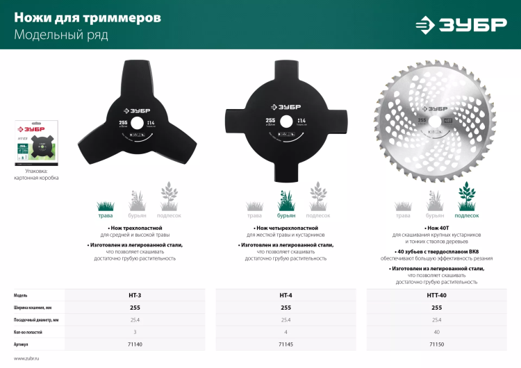ЗУБР НТ-3, 255 мм, 3T, нож для триммера (71140) купить в Ноябрьске
