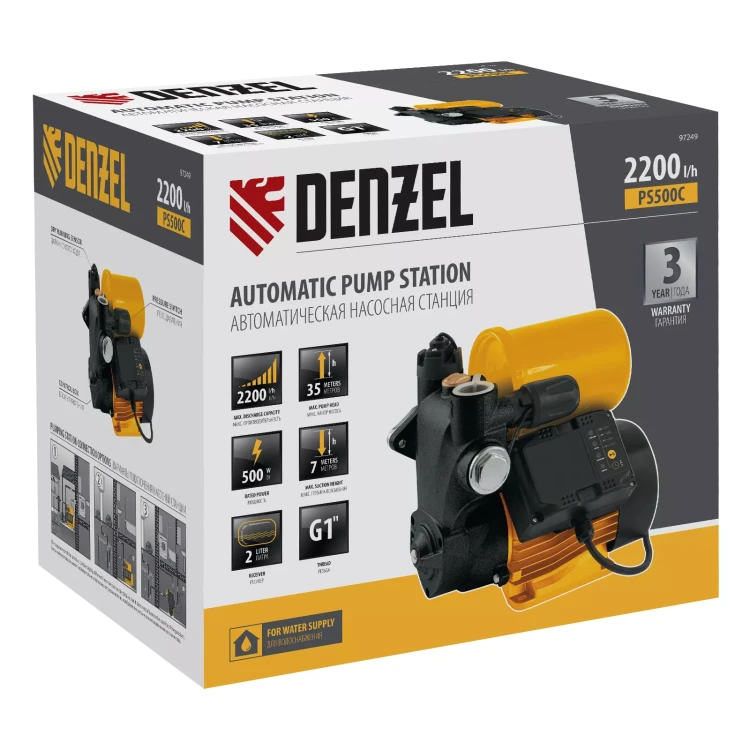 Насосная станция Denzel PS500C, 500 Вт, напор 35 м, 2200 л/ч, ресивер 2 л, блок управления 97249 купить в Ноябрьске