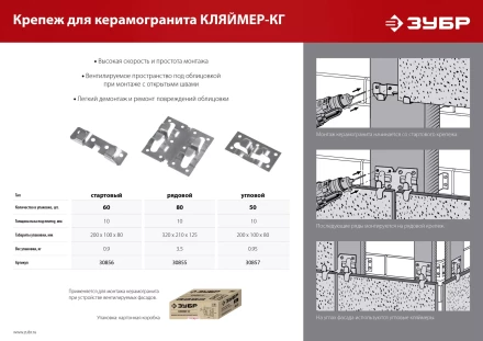 ЗУБР Кляймер-КГ, 10 x 20 x 75 мм, цинк, 60 шт, стартовый крепеж для керамогранита (30856) купить в Ноябрьске