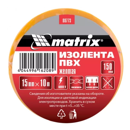 Изолента ПВХ 15 мм х 10 м желтая 150 мкм Matrix 88773 купить в Ноябрьске