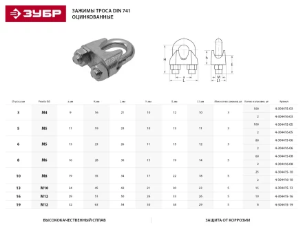 Зажим троса ЗУБР &quot;ПРОФЕССИОНАЛ&quot; DIN 741, оцинкованный, 8мм, 60 шт 4-304415-08 купить в Ноябрьске
