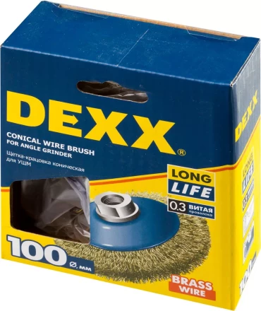 DEXX. Щетка коническая для УШМ, витая стальная латунированная проволока 0,3мм, 100ммхМ14 35105-100 купить в Ноябрьске