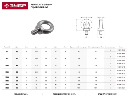 Рым-болт ЗУБР &quot;ПРОФЕССИОНАЛ&quot; DIN 580, оцинкованный, М12, 10 шт 4-304315-12 купить в Ноябрьске