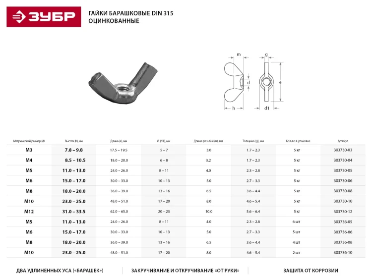 Гайка DIN 315 барашковая, M8, 4 шт, оцинкованная, ЗУБР 303736-08 купить в Ноябрьске