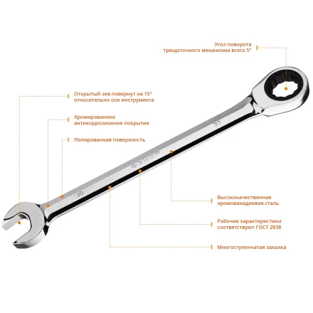 ЗУБР 30 мм, комбинированный трещоточный гаечный ключ, Профессионал (27074-30) купить в Ноябрьске