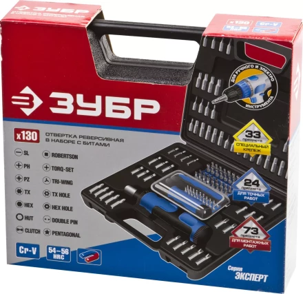 Набор ЗУБР &quot;ЭКСПЕРТ&quot;: Отвертка реверсивная с магнитным битодержателем и отсеком для бит в рукоятке, Cr-V, 130 предметов 25237-H129 купить в Ноябрьске