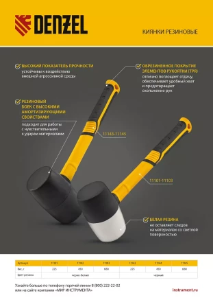 Киянка резиновая, 225 г, черная, фибергласовая рукоятка c TPR покрытием Denzel 11143 купить в Ноябрьске