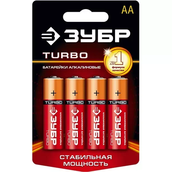 Батарейка Зубр "TURBO" щелочная (алкалиновая), тип AA, 1,5В, 4шт на карточке 59213-4C купить в Ноябрьске