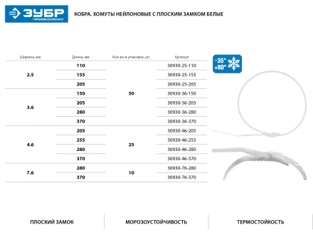 Кабельные стяжки белые КОБРА, с плоским замком, 2.5 х 205 мм, 50 шт, нейлоновые, ЗУБР 30930-25-205 купить в Ноябрьске