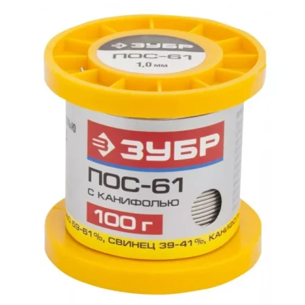 Припой ЗУБР, ПОС 61, трубка с канифолью, 100г, 1мм 55450-100-10C купить в Ноябрьске