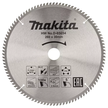 Диск пильный универсальный для алюминия/дерева/пластика Makita D-65654, 260x30x1.8 мм; 100 зубьев купить в Ноябрьске