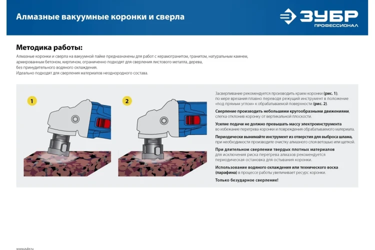 ЗУБР АВК, d 65 мм, (М14, 15 мм кромка), вакуумная алмазная коронка, Профессионал (29865-65) купить в Ноябрьске