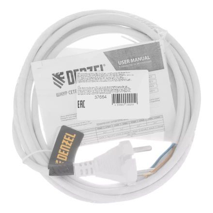 Шнур сетевой Denzel Energy Series, ПВС, 3 м, 2 x 1 мм, с неразборной вилкой, белый, 3 м, 37664 купить в Ноябрьске