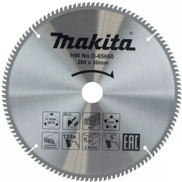Диск пильный универсальный для алюминия/дерева/пластика Makita D-65660, 260x30x1.8 мм; 120 зубьев купить в Ноябрьске