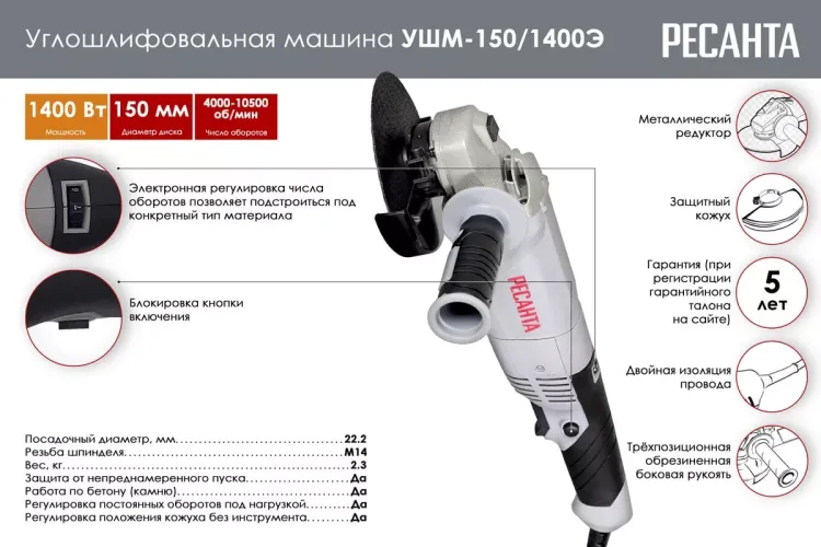 Углошлифовальная машина (болгарка) Ресанта УШМ-150/1400Э 75/12/7 купить в Ноябрьске