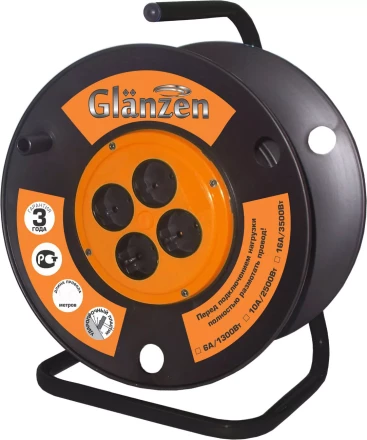 Катушка без провода GLANZEN 4 штепсельных гнезда с заземлением Ф300мм EK-00-300 купить в Ноябрьске