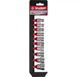 Набор ЗУБР "МАСТЕР": Торцовые головки (3/8") на пластиковом рельсе, Cr-V, 8-19мм, 10 предметов 27654-H10
