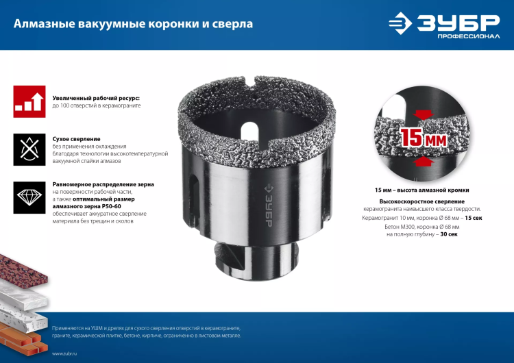 ЗУБР АВК, d 80 мм, (М14, 15 мм кромка), вакуумная алмазная коронка, Профессионал (29865-80) купить в Ноябрьске