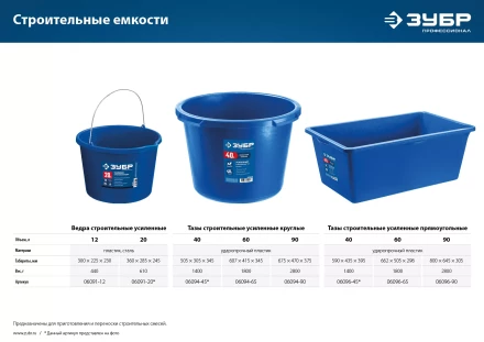 ЗУБР 90 л, первичный высокопрочный пластик, усиленный прямоугольный строительный таз (06096-90) купить в Ноябрьске