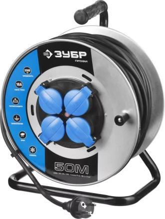 Удлинитель ЗУБР &quot;ПРОФИ&quot; на металл катушке, КГ 3х1,5кв мм, морозостойкий, 4 гнезда, IP44, макс мощность 3500Вт, 50м 55085-50 купить в Ноябрьске