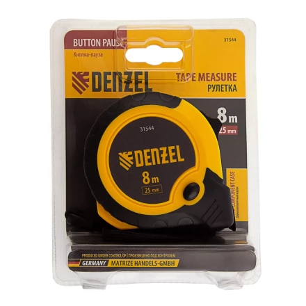 Рулетка Denzel 8м х 25мм, двухкомп. корпус, кнопка-пауза, 31544 купить в Ноябрьске