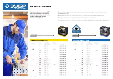 Заклепки ЗУБР стальные, 4,0x12мм, 500шт 31313-40-12 купить в Ноябрьске