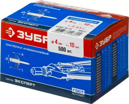 Заклепки ЗУБР алюминиевые, 4,0x10мм, 500шт 31305-40-10 купить в Ноябрьске