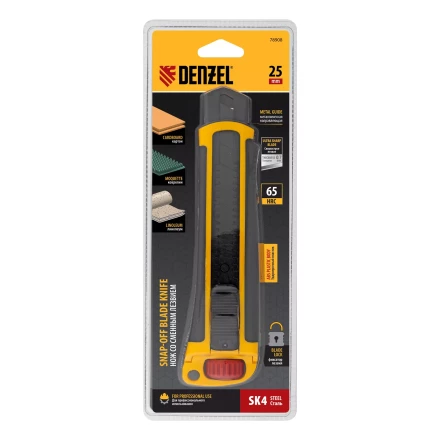 Нож, 25 мм, сменное лезвие, SK4, корпус из ABS + TPR, торцевой зажим Denzel 78908 купить в Ноябрьске