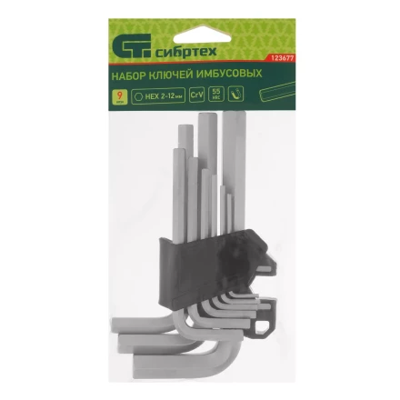 Набор ключей имбусовых, HEX, 2-12 мм, CrV, 9 шт. Сибртех 123677 купить в Ноябрьске
