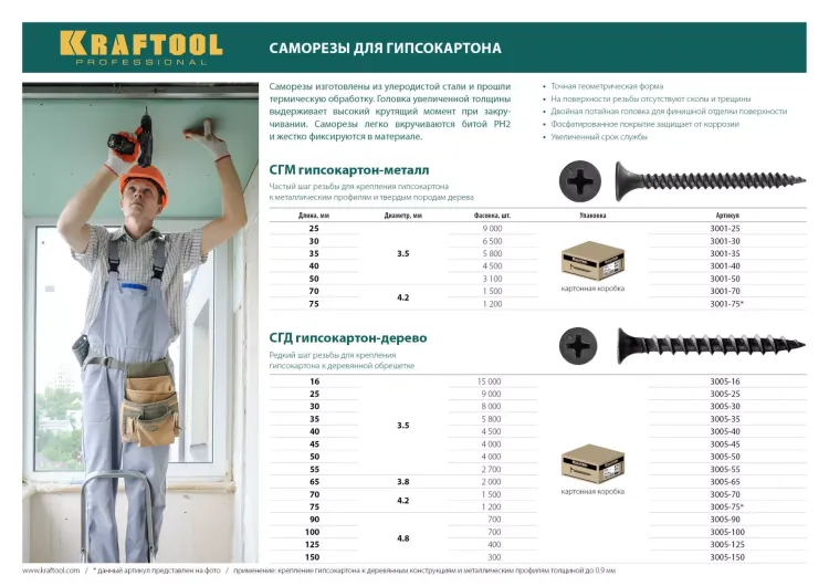 Саморезы СГД гипсокартон-дерево, 16 х 3.5 мм, 15 000 шт, фосфатированные, KRAFTOOL 3005-16 купить в Ноябрьске