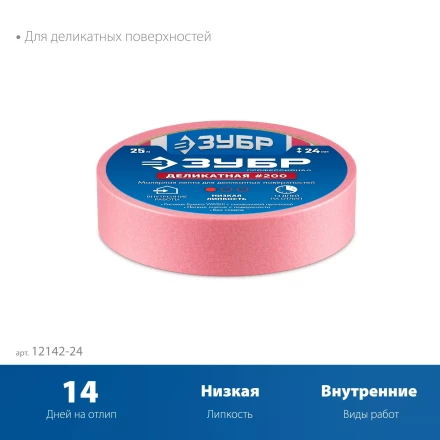 ЗУБР №200 24 мм х 25 м, для деликатных и недавно окрашенных поверхностей, малярная лента, Профессионал (12142-24) купить в Ноябрьске