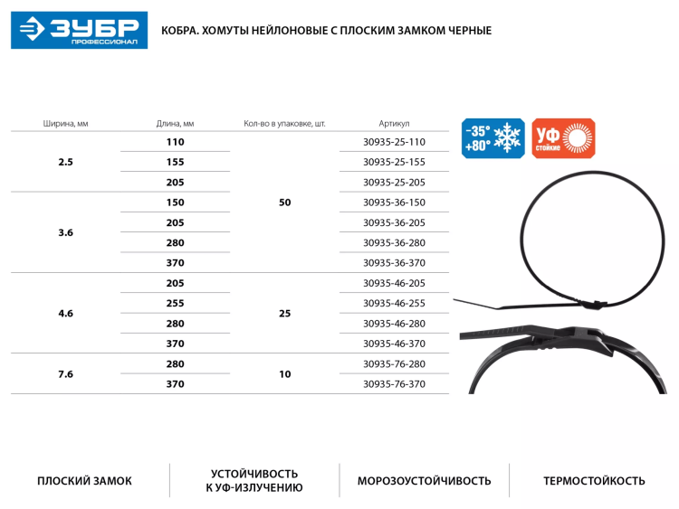 Кабельные стяжки черные КОБРА, с плоским замком, 2.5 х 155 мм, 50 шт, нейлоновые, ЗУБР 30935-25-155 купить в Ноябрьске