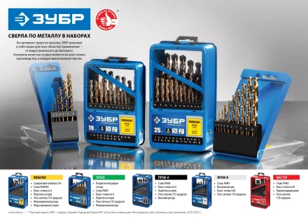 ЗУБР Кобальт, 99 шт, (1-10 мм), сталь Р6М5К5, класс А, мет.бокс, набор сверл по металлу, Профессионал (29626-H99) купить в Ноябрьске