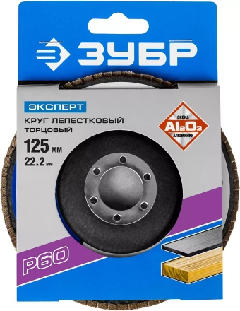 Круг шлифовальный ЗУБР &quot;ЭКСПЕРТ&quot; лепестковый торцевой, тип КЛТ 1, зерно-электрокорунд нормальный, P60, 125х22,2мм 36591-125-60 купить в Ноябрьске
